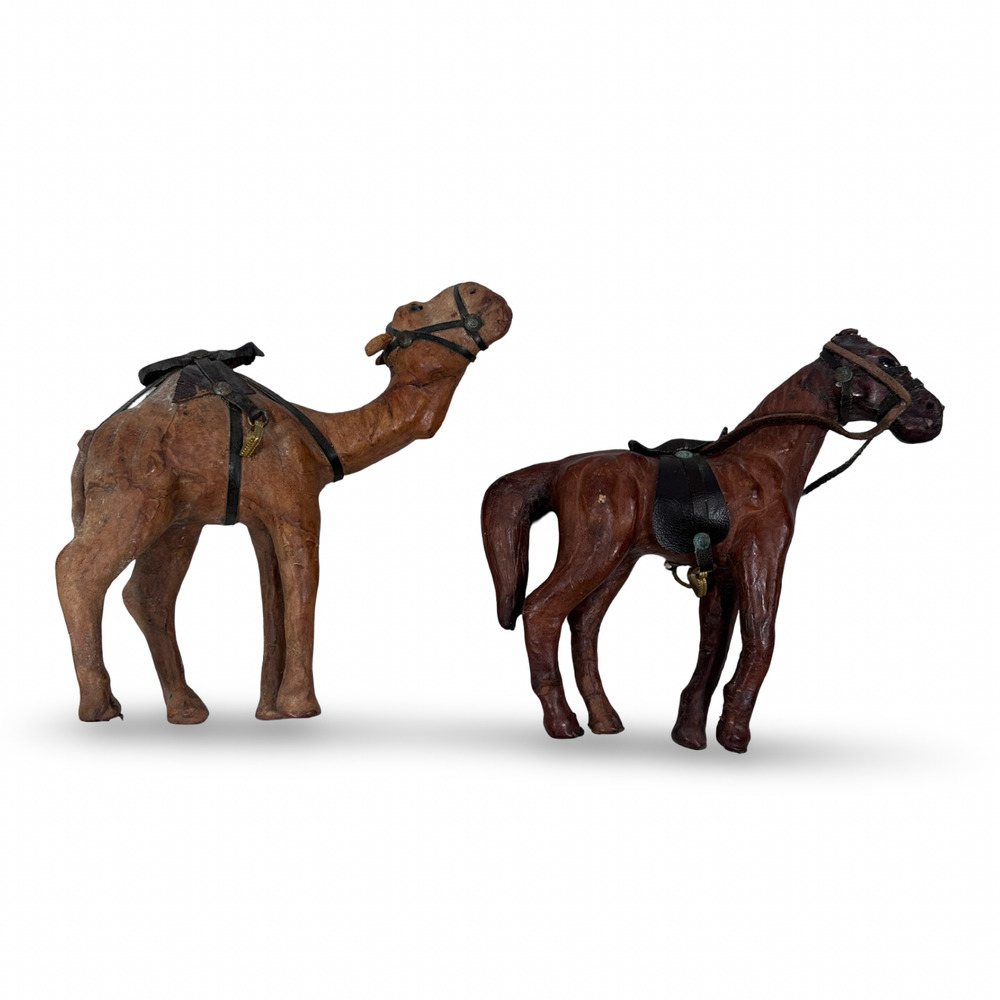 Vintage MCM Leather Wrapped Horse and‎ Camel Figurines Animal Decor Lot of 2